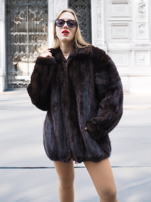 Unisex Dark Mahogany Mink Fur Bomber Jacket Coat M/L styled with sunglasses and red lipstick, showcasing luxurious natural fur texture.