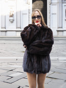 Front view of Unisex Dark Mahogany Mink Fur Bomber Jacket Coat M/L with wing collar and full zip closure, styled with bold red lipstick.