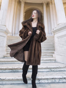 Model walking down marble stairs in Brand New Luxurious Demi Buff Swing Canadian Mink Fur Coat L/XL, revealing full satin lining.