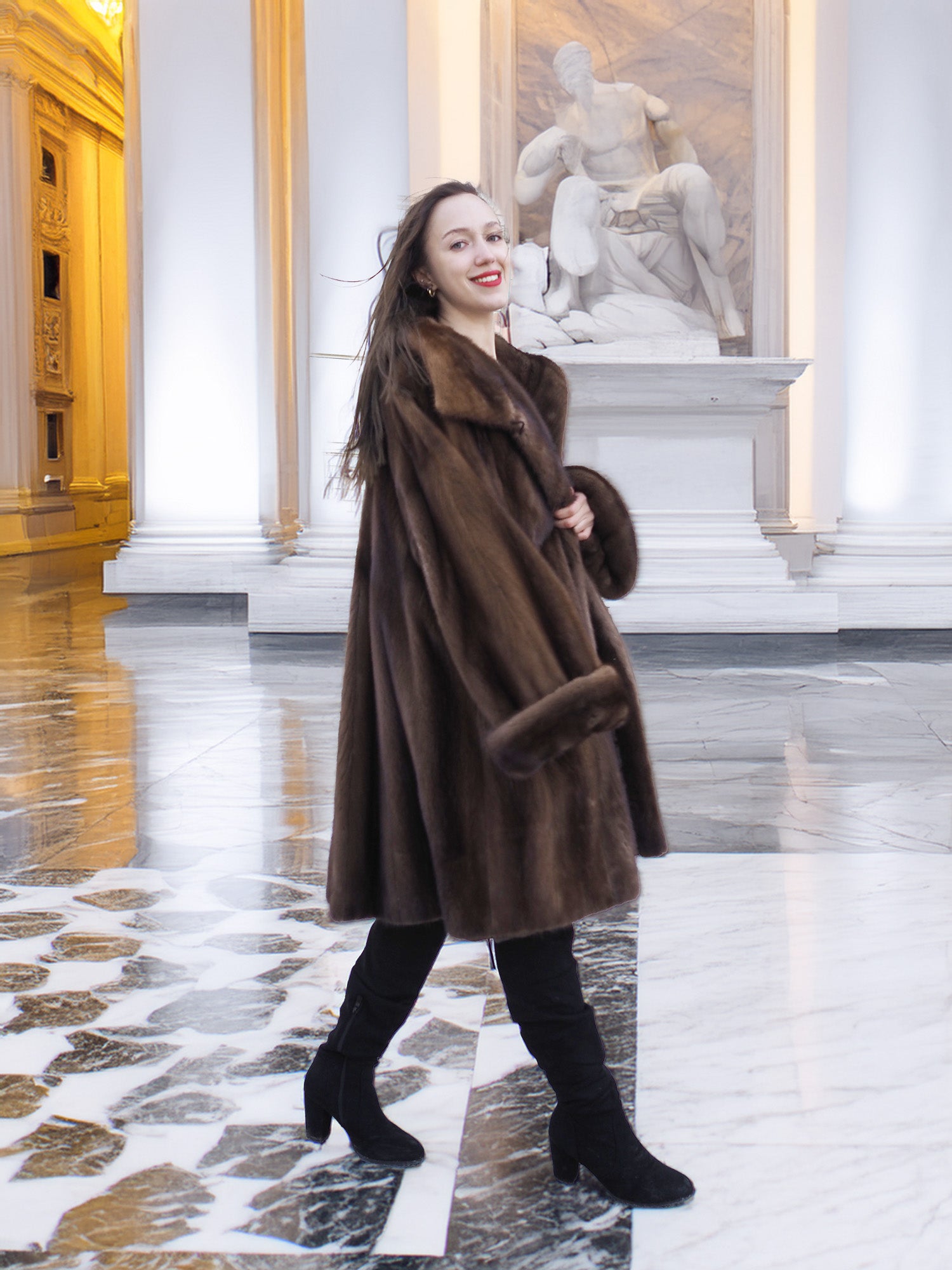 Model walking confidently in Brand New Luxurious Demi Buff Swing Canadian Mink Fur Coat L/XL, highlighting its luxurious drape.