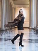 Model playfully swinging Brand New Luxurious Demi Buff Swing Canadian Mink Fur Coat L/XL open, revealing its quilted satin interior.