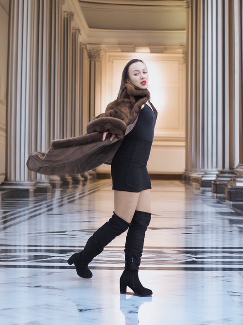 Model playfully swinging Brand New Luxurious Demi Buff Swing Canadian Mink Fur Coat L/XL open, revealing its quilted satin interior.