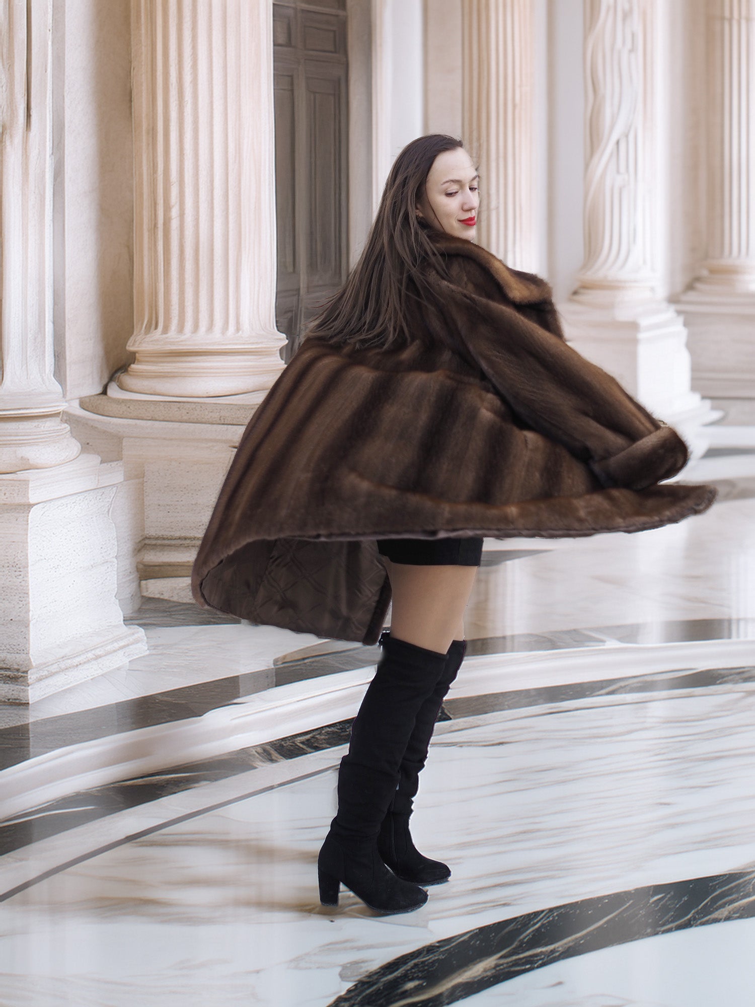 Back view of Brand New Luxurious Demi Buff Swing Canadian Mink Fur Coat L/XL in motion, highlighting its full swing and satin lining.