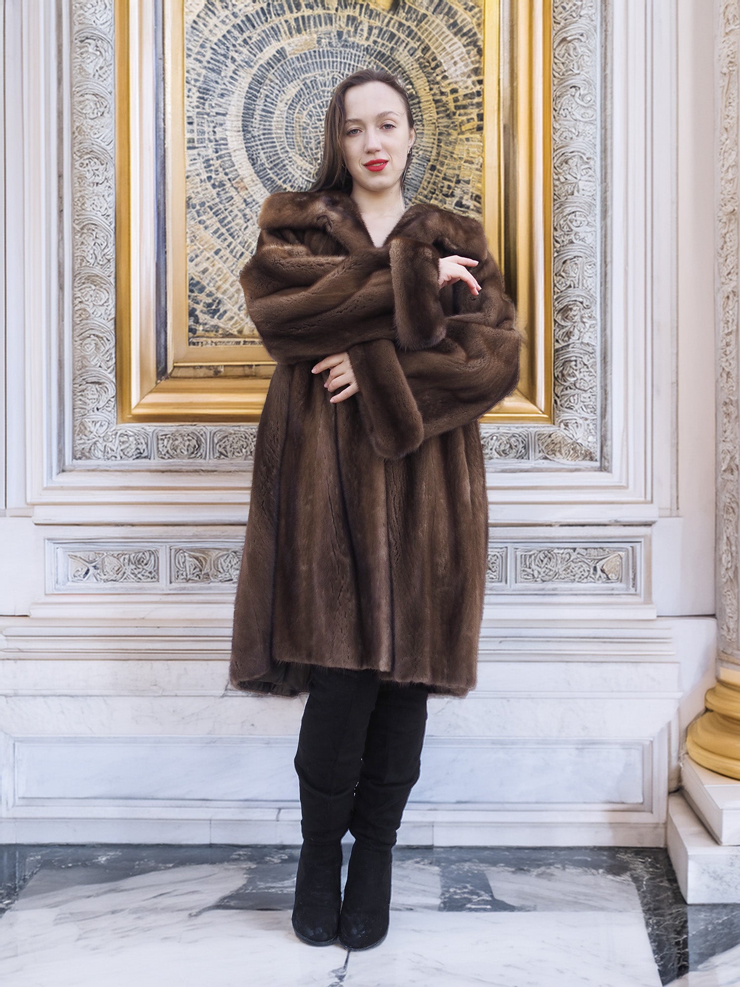 Brand New Luxurious Demi Buff Swing Canadian Mink Fur Coat Stroller L/XL with large wing collar and rich satin lining, modeled in elegant interior.
