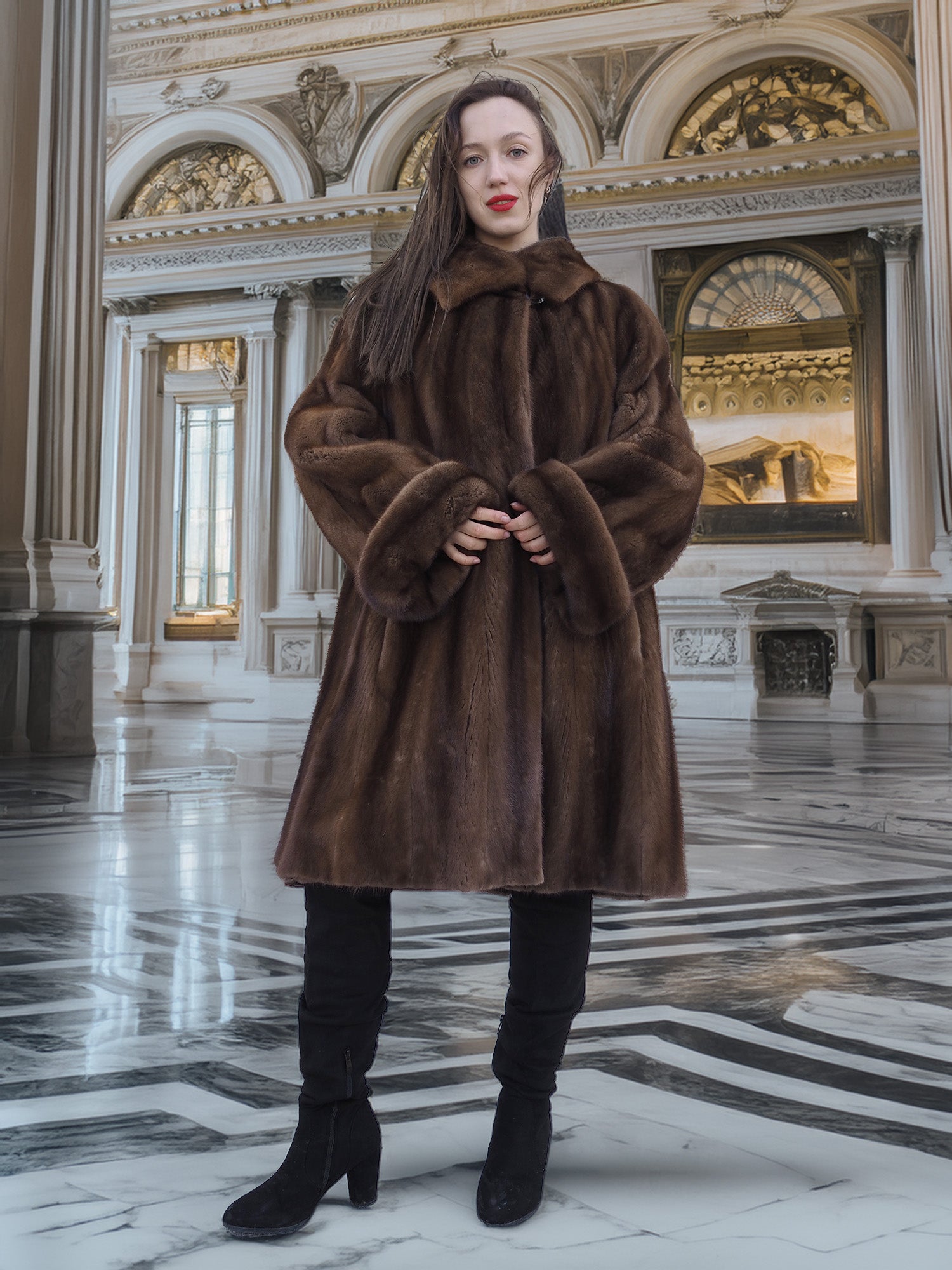 Model standing in ornate hall wearing Brand New Luxurious Demi Buff Swing Canadian Mink Fur Coat L/XL, styled with black boots.