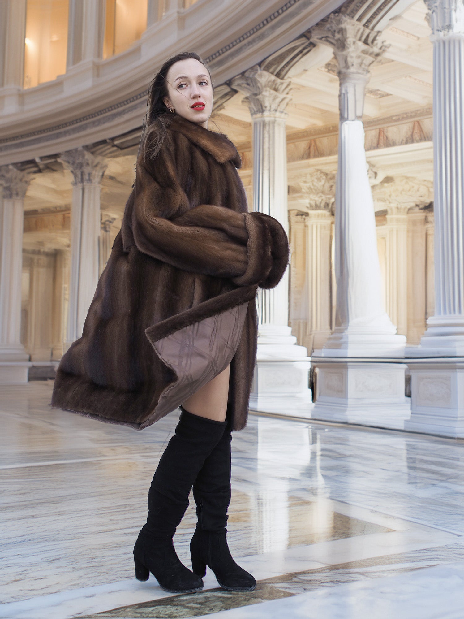 Model in motion wearing Brand New Luxurious Demi Buff Swing Canadian Mink Fur Coat L/XL, highlighting its flowy silhouette and satin interior.
