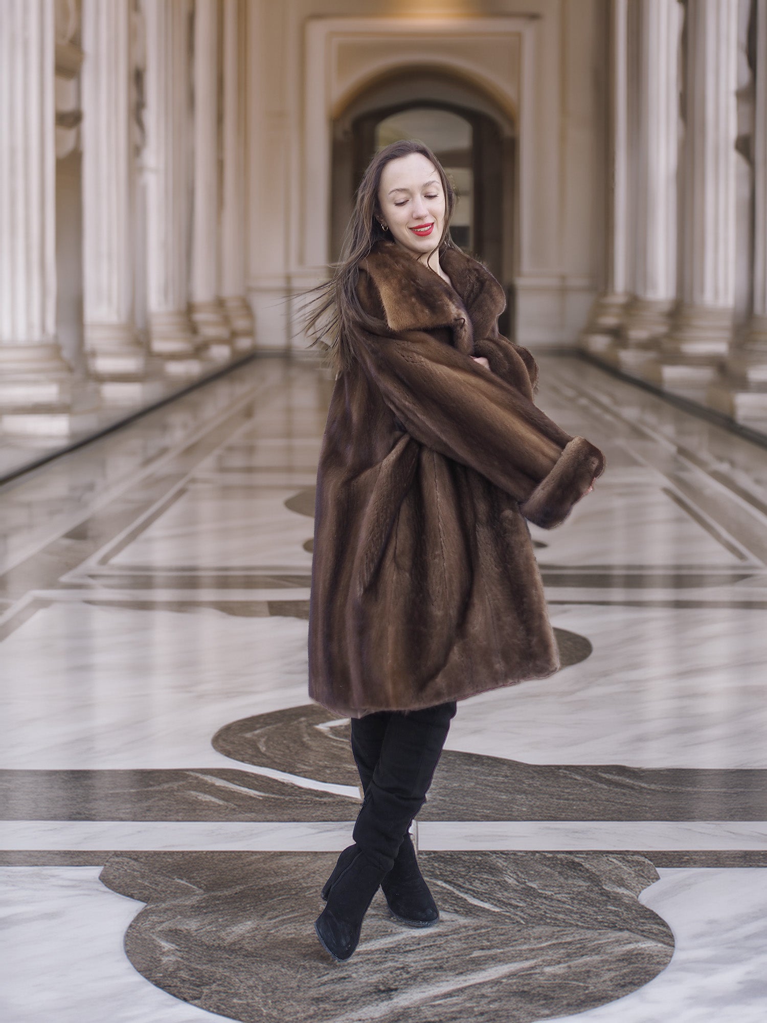 Model spinning in Brand New Luxurious Demi Buff Swing Canadian Mink Fur Coat L/XL, emphasizing the coat’s volume and luxurious texture.