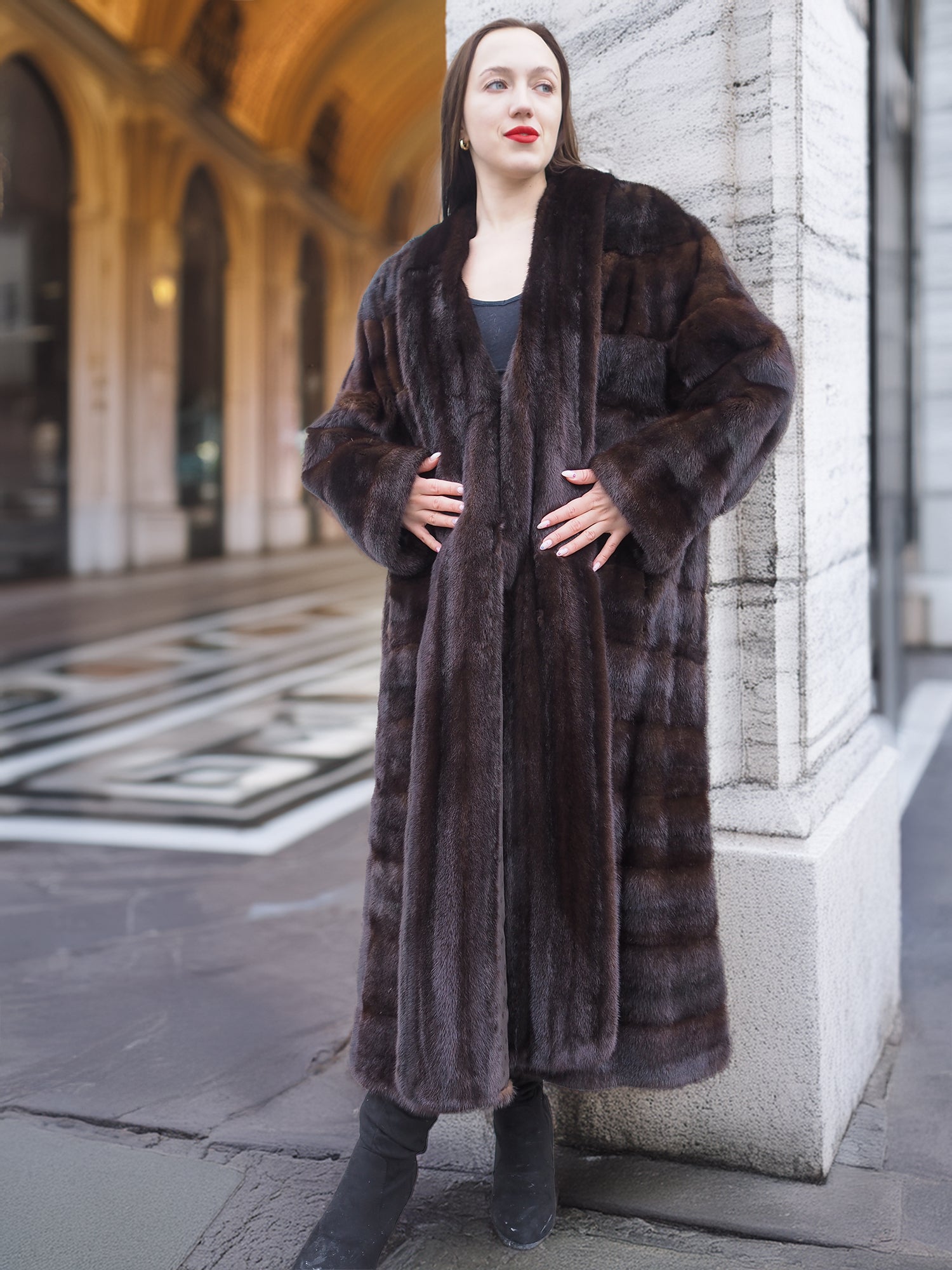 Mahogany Canadian Mink Fur Coat Horizontal Design Tuxedo Front M/L