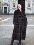 Full-length mahogany mink fur coat with a tuxedo front, exuding elegance and warmth. A perfect choice for winter luxury fashion.