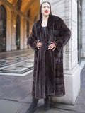 Luxurious mahogany mink fur coat with a tuxedo front and horizontal design, perfect for elegant winter fashion. Full-length, warm, and stylish outerwear.