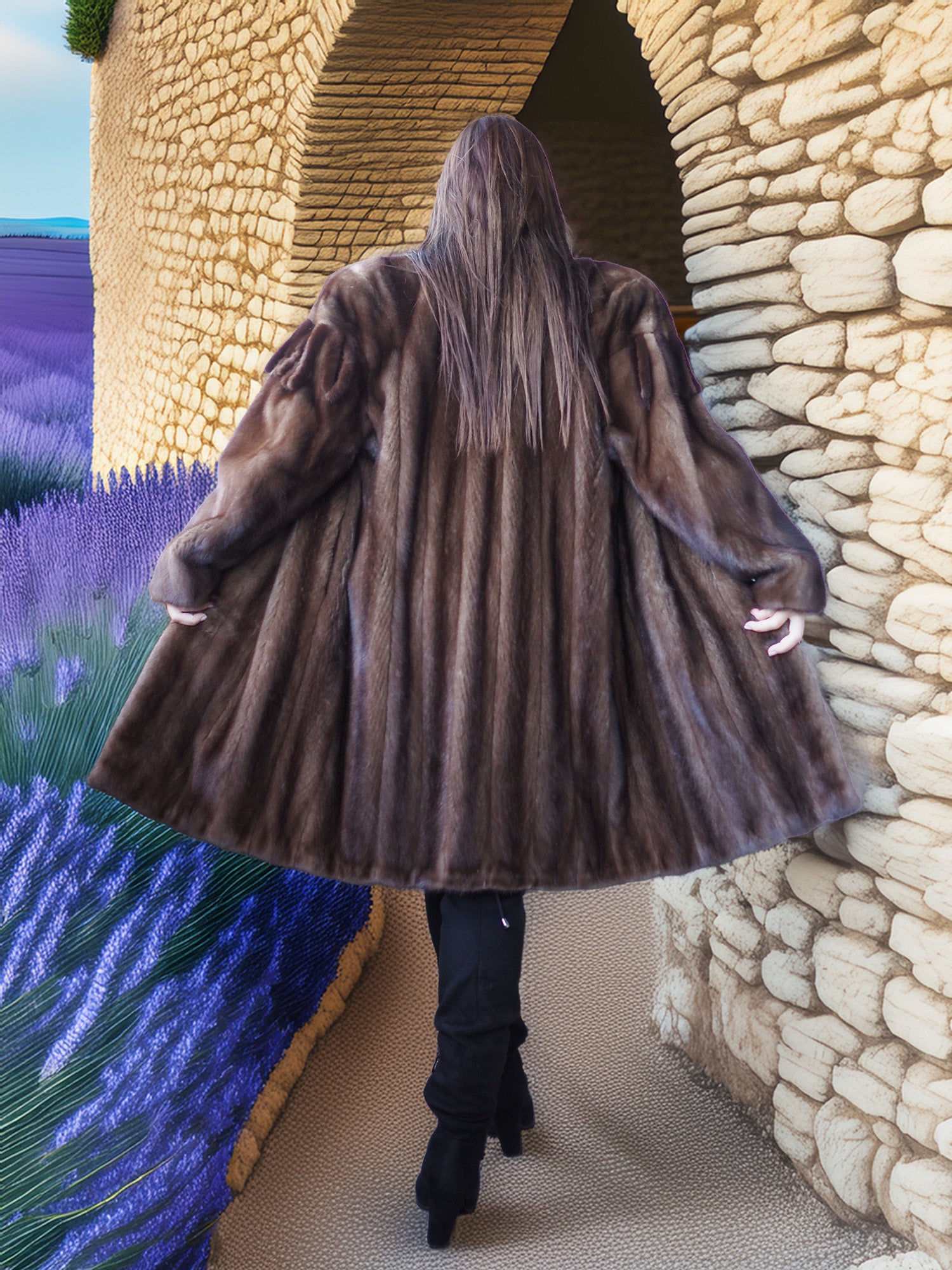 Person wearing a fur coat standing in front of a stone wall with lavender fields in the background