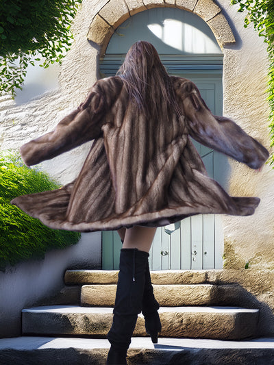 Person wearing a fur coat standing on stone steps with a stone archway and green door in the background.
