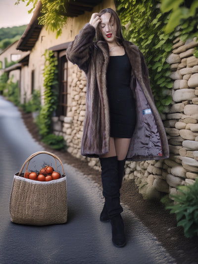 Woman in a coat standing next to a stone wall with a basket of apples on a road.