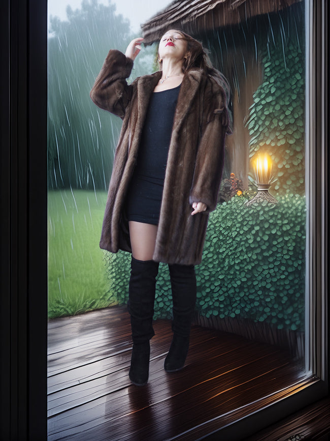 Person wearing a brown fur coat and black boots standing on a wooden deck with a rainy background.