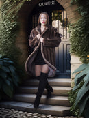 Woman in a long brown fur coat standing on stone steps with a blurred background