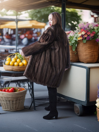 Woman in a fur coat standing next to a fruit stand with baskets of fruit and flowers.