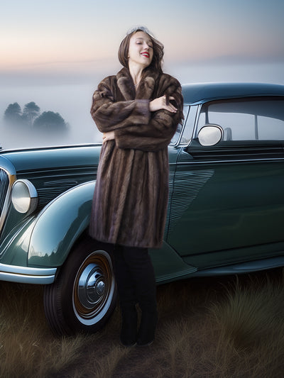 Woman in a fur coat standing next to a vintage car in a misty landscape