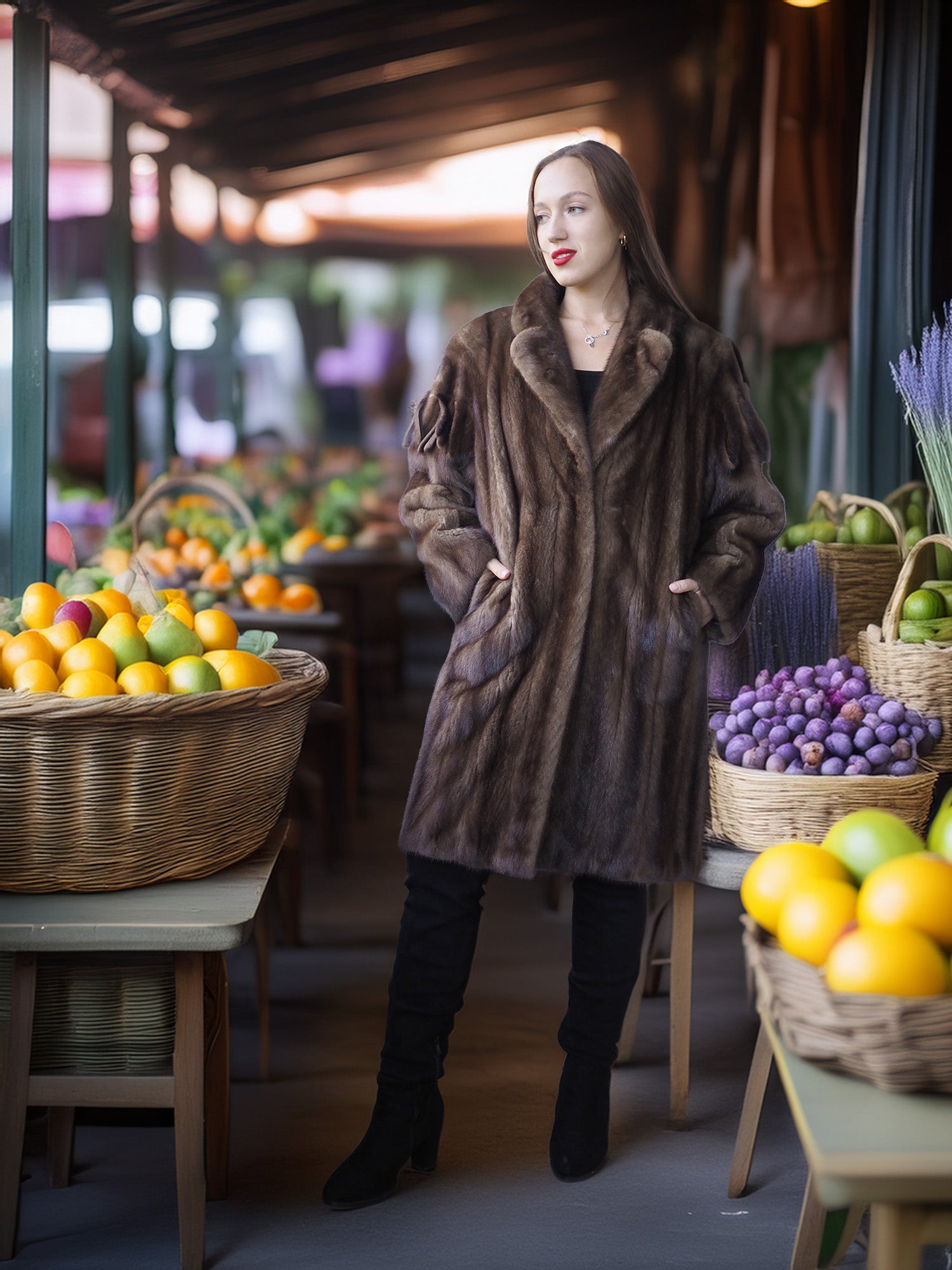 Woman in a fur coat standing in an indoor market with fruit and vegetable displays.