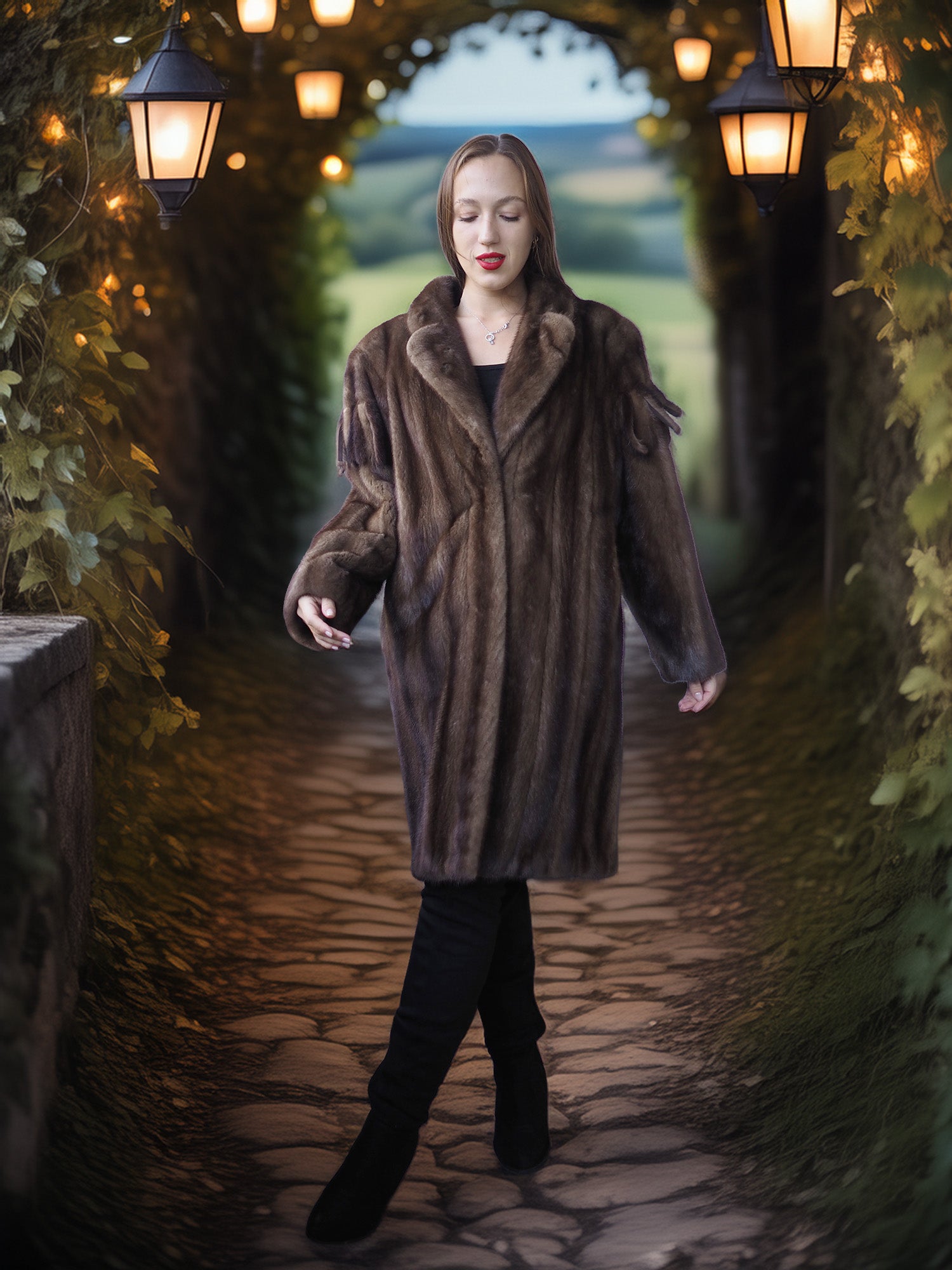 Woman in a fur coat standing in a lit pathway with greenery on either side
