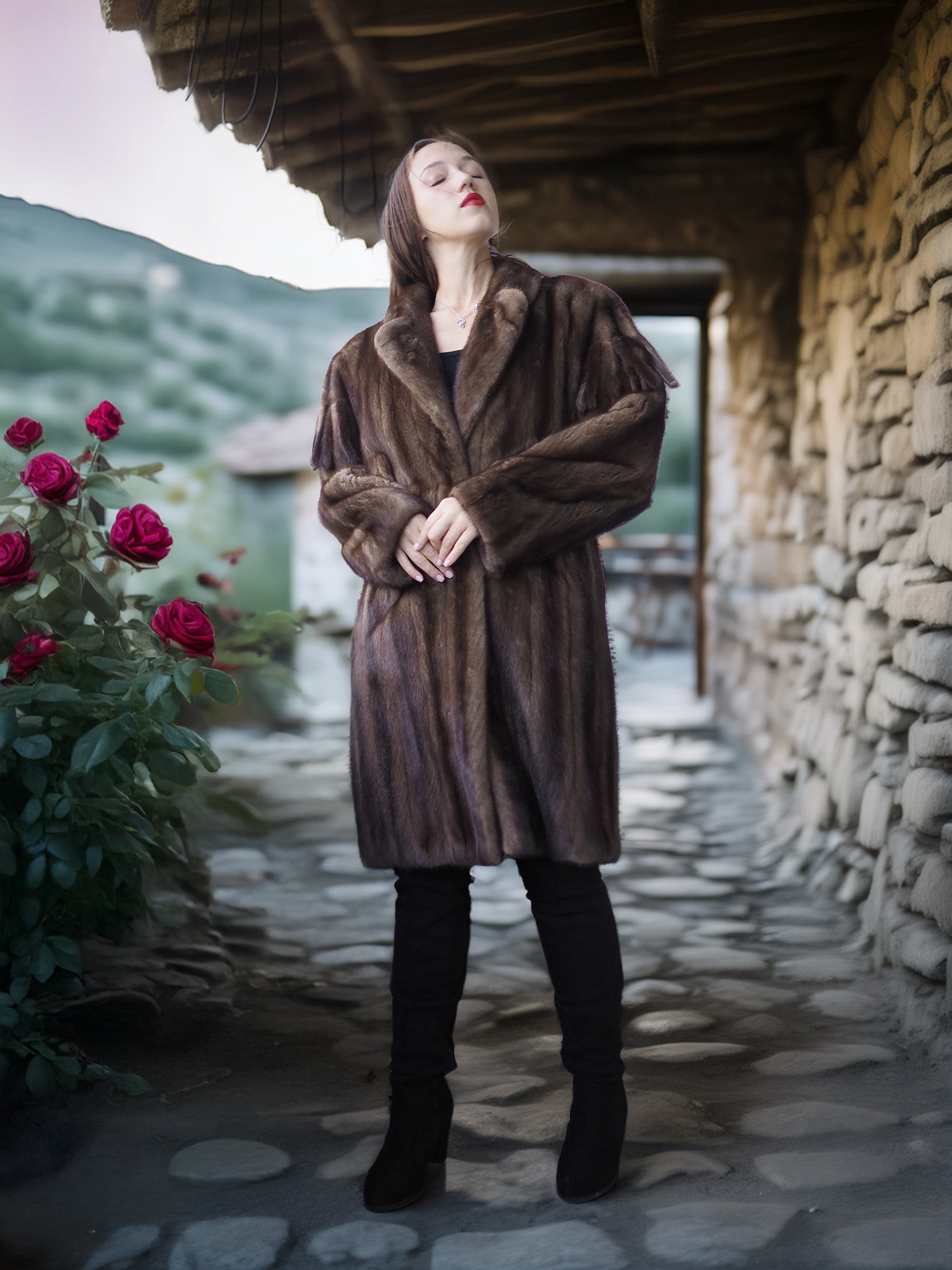Woman in a brown fur coat standing in a rustic outdoor setting with stone walls and flowers.