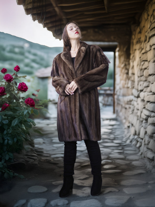 Woman in a brown fur coat standing in a rustic outdoor setting with stone walls and flowers.