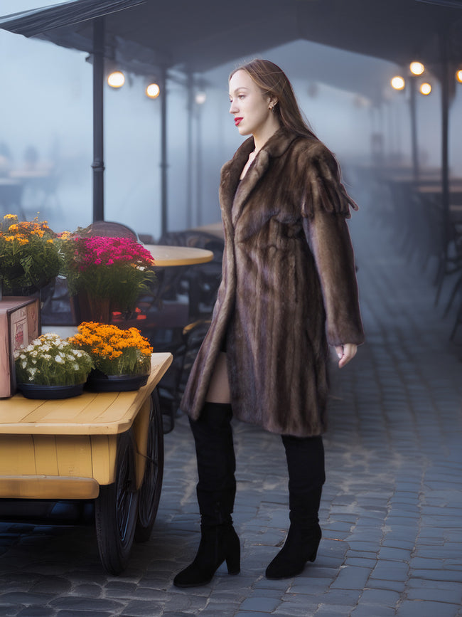 Woman in a fur coat standing outdoors near a table with flowers.