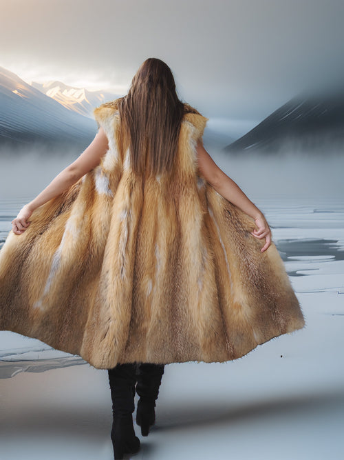 Person wearing a fur coat walking on a snowy landscape
