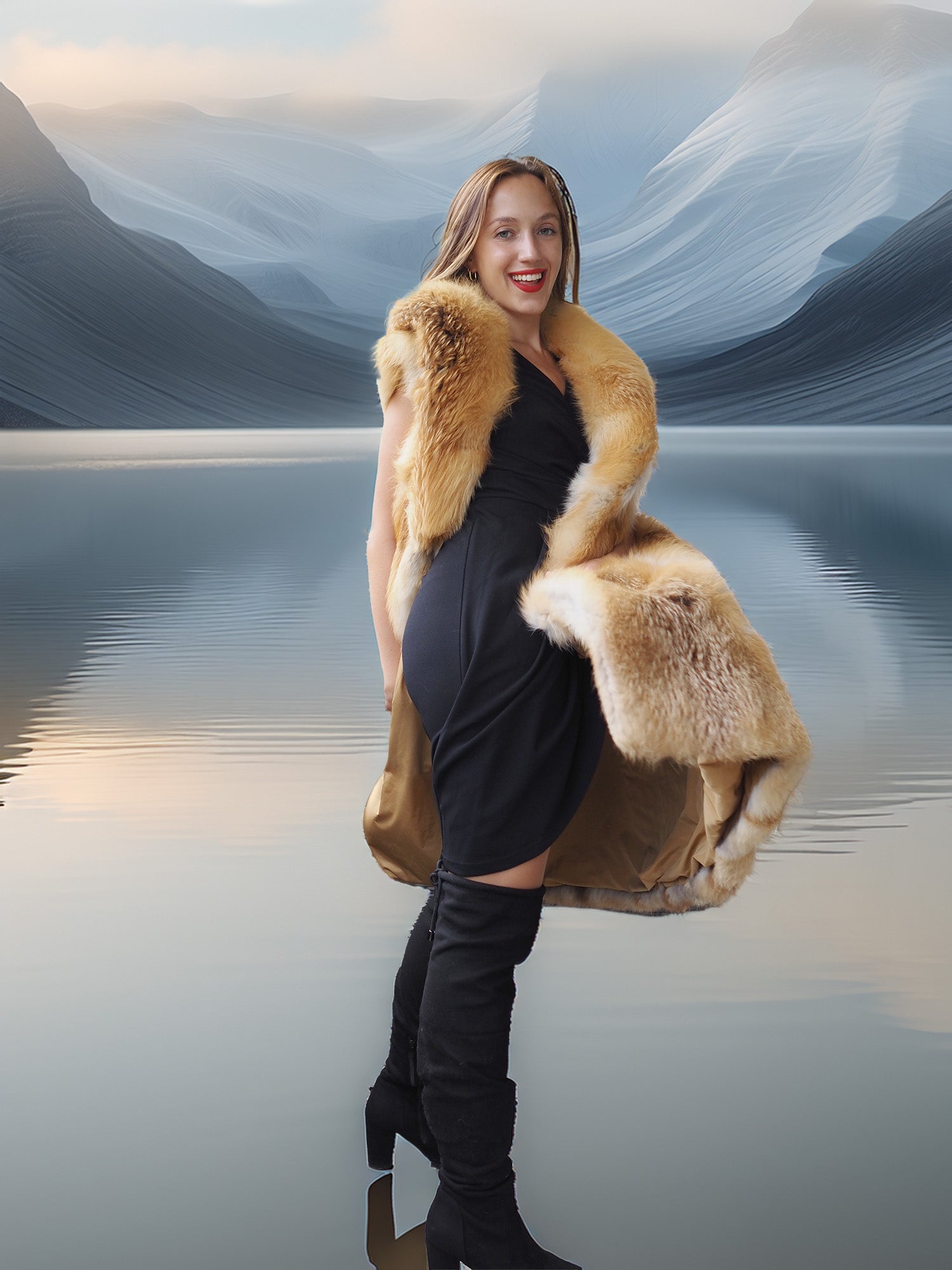Woman wearing a fur vest standing in front of a scenic mountain landscape