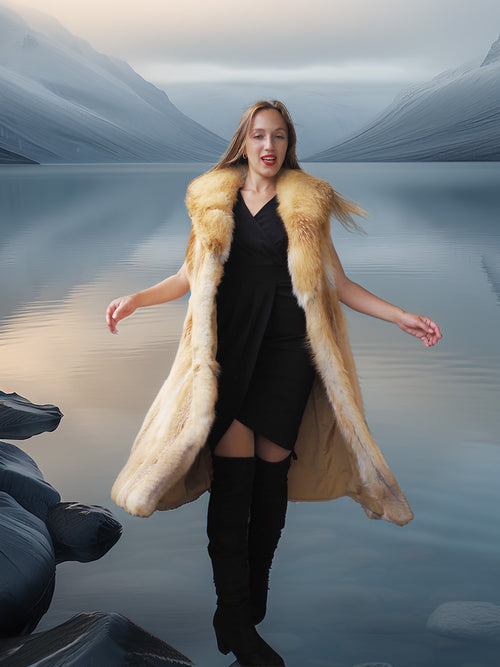 Woman in a fur coat standing in front of a lake with mountains in the background