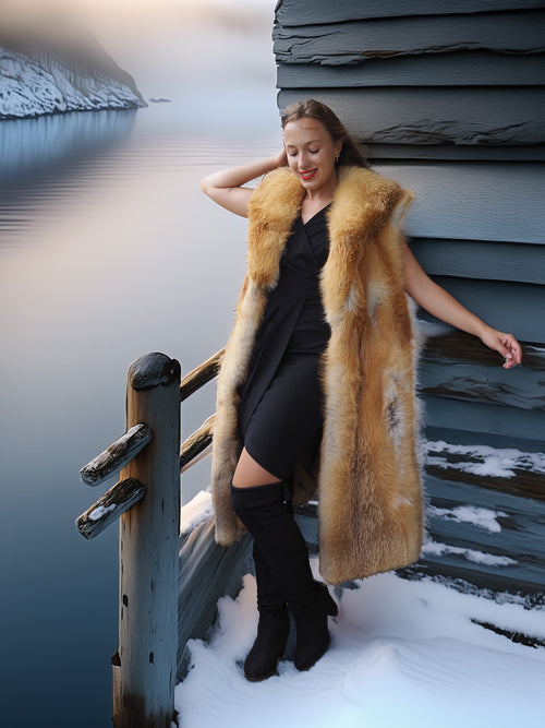Woman in a fur vest standing by a snowy landscape with water and a building.