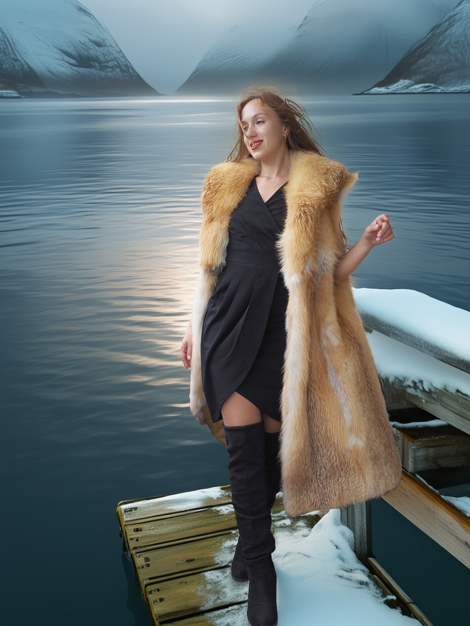 Woman in a fur coat standing on a snowy dock with mountains in the background