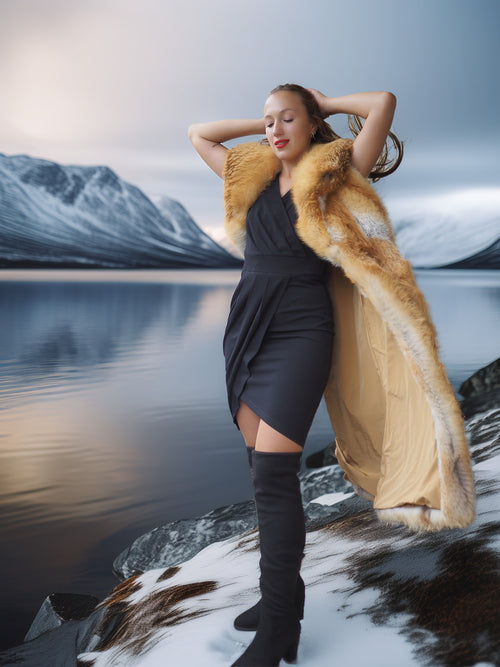 Woman in a fur coat standing by a lake with mountains in the background