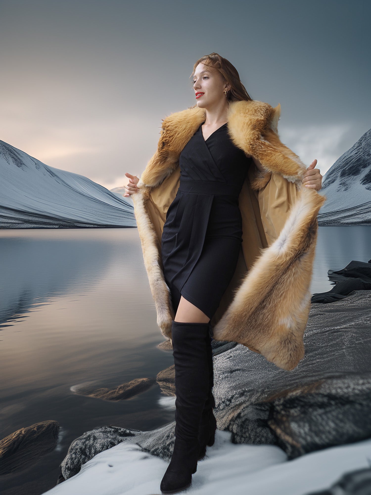Woman in a fur coat standing in a snowy landscape with mountains and water.