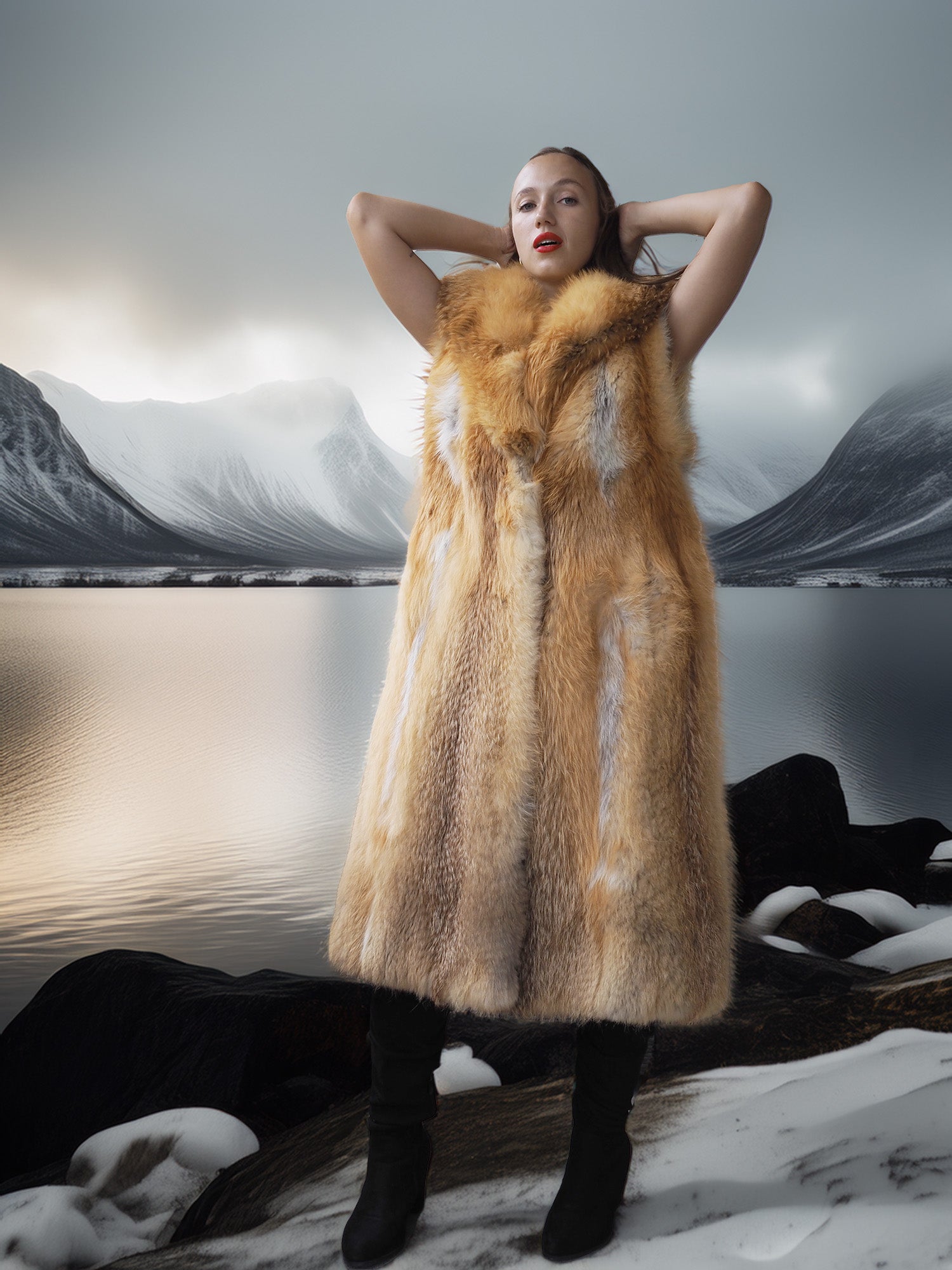 Person wearing a fur vest in a snowy landscape with mountains.