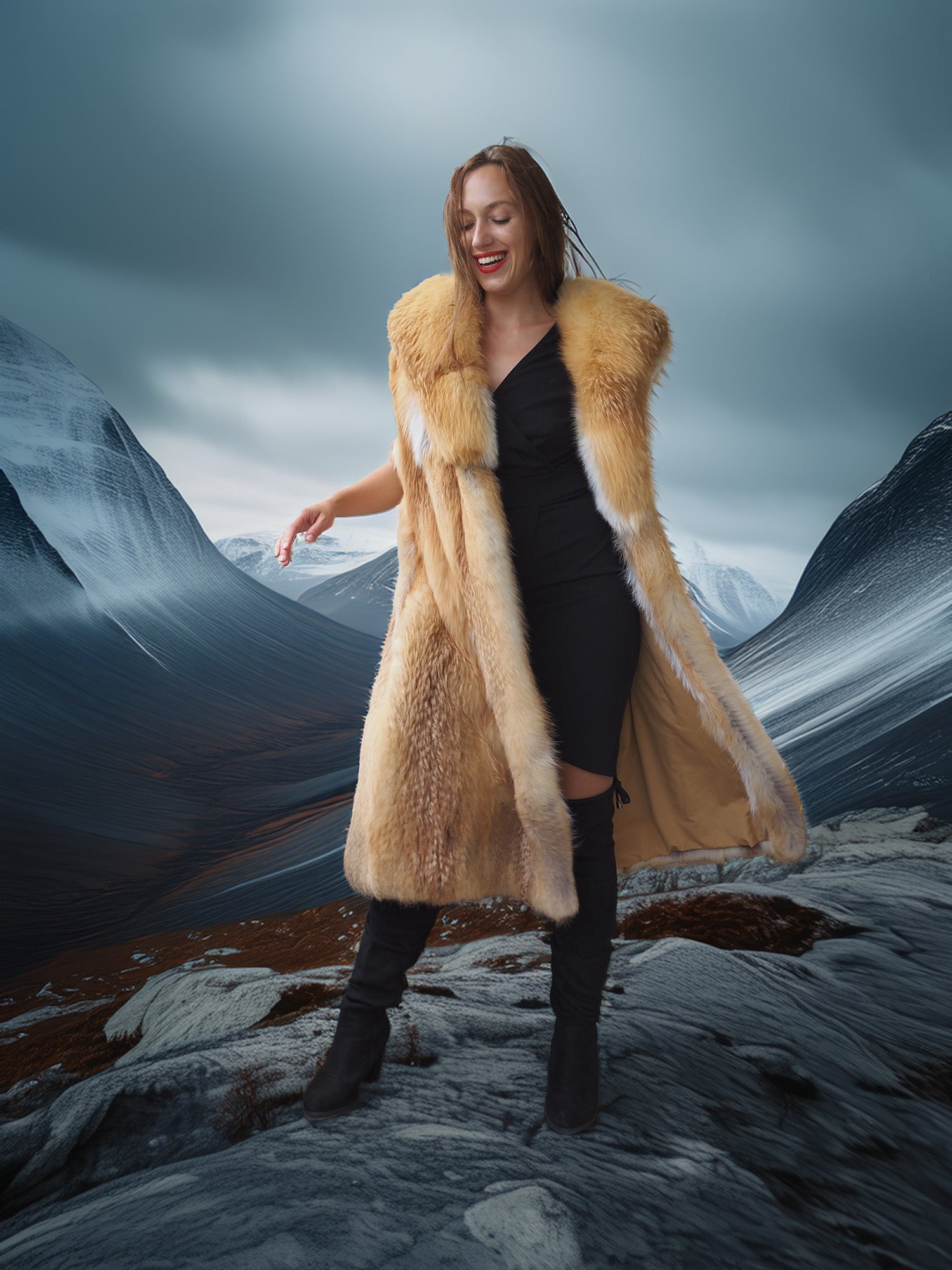 Woman in a fur coat standing on a mountain with a scenic background