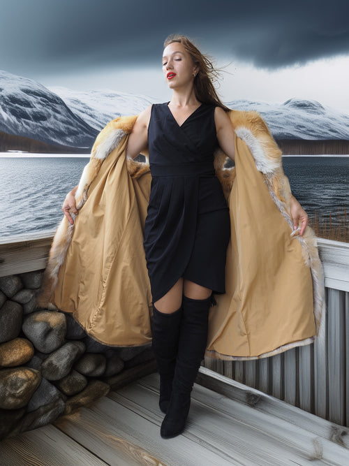 Woman in a black dress and knee-high boots holding a large beige coat against a scenic mountain and lake background.