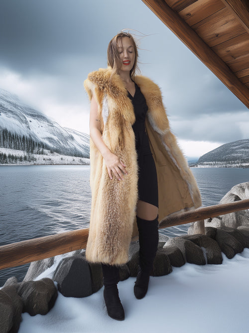 Woman in a fur vest standing by a snowy landscape with mountains and water.