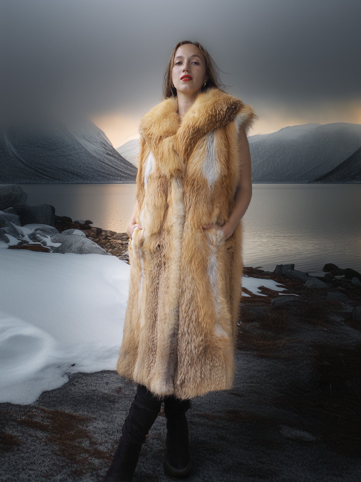 Person wearing a fur coat standing in a snowy landscape with mountains in the background