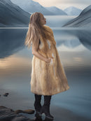Woman in a fur coat standing by a lake with mountains in the background