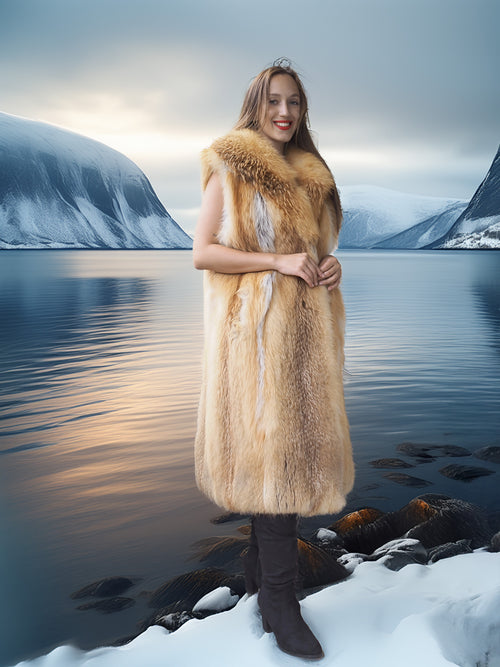 Woman in a fur vest standing in a snowy landscape with mountains and water.