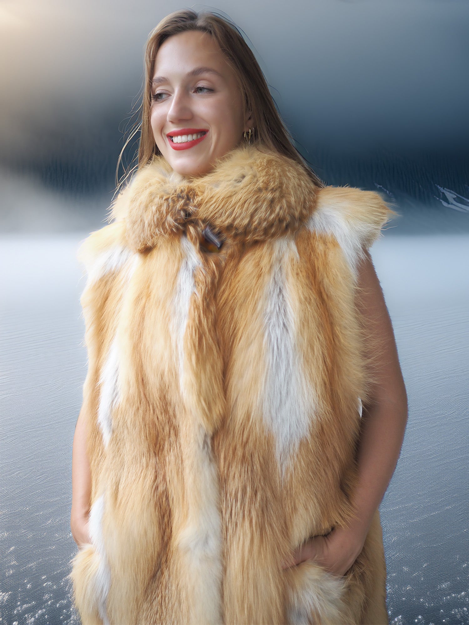 Woman wearing a fur vest with a blurred background