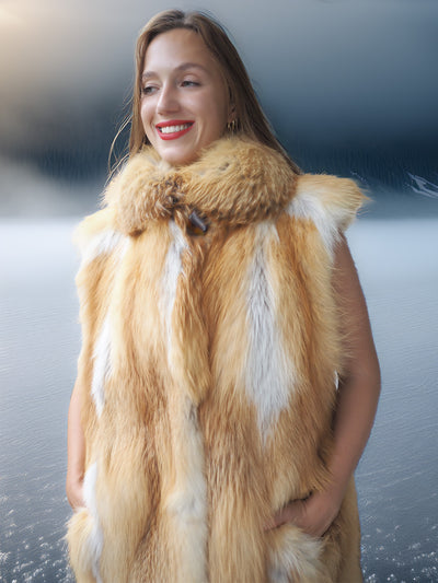 “The Ember Spell” — Red Fox Fur Vest with Sculpted Collar & Fireside Glamour