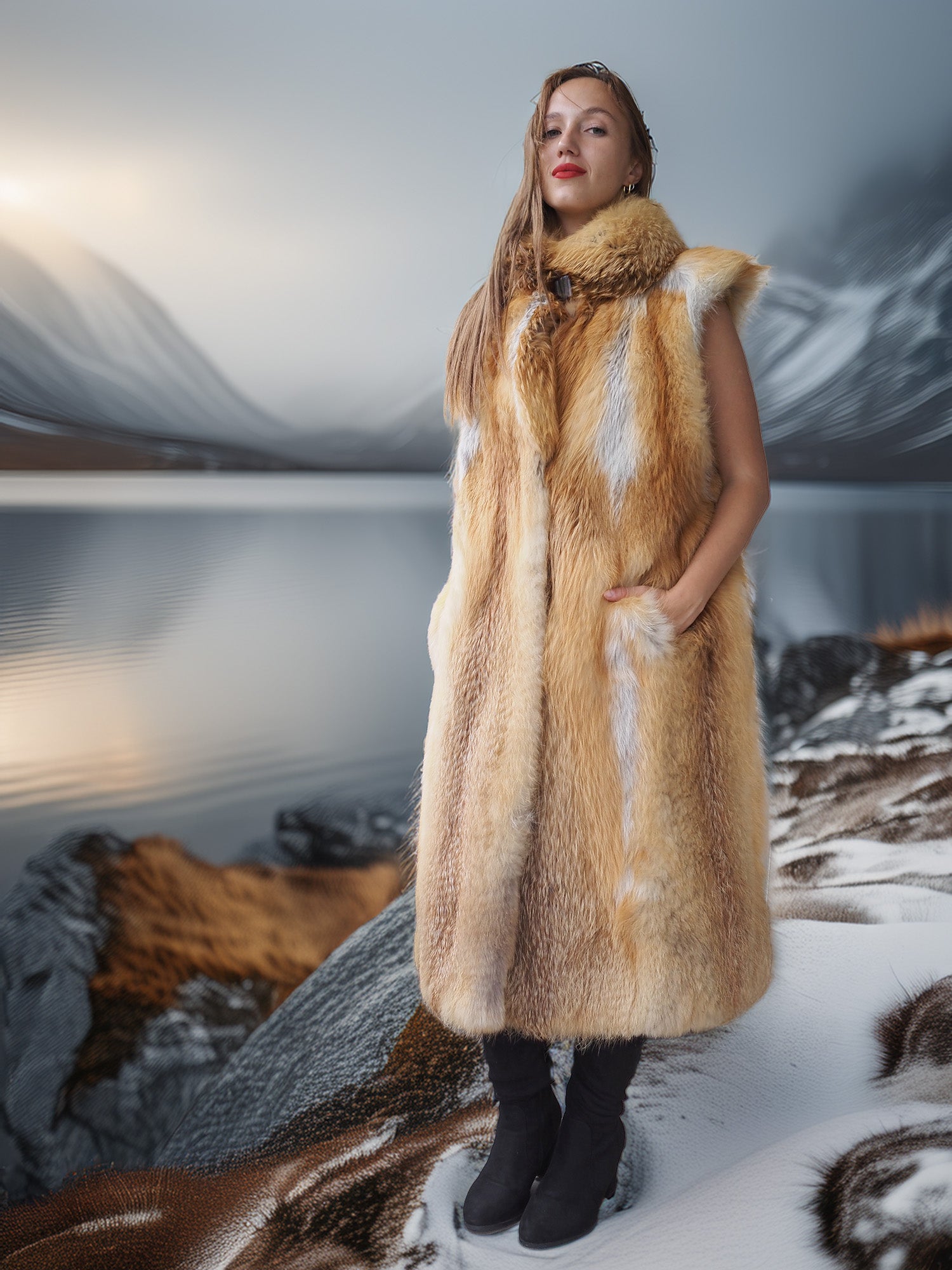 Person wearing a fur coat standing in a snowy landscape with mountains in the background