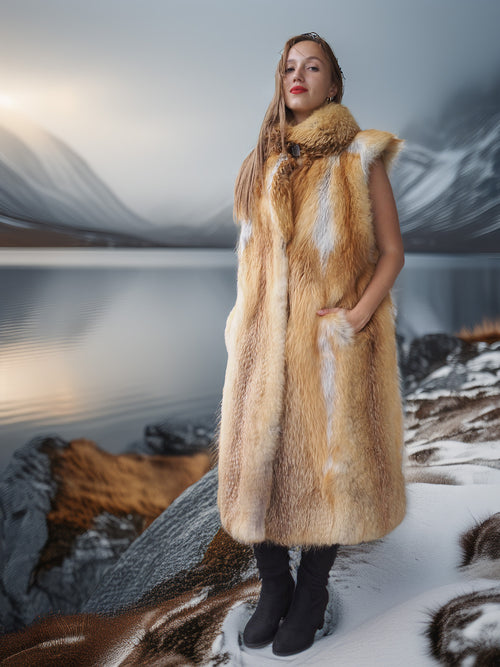 Person wearing a fur coat standing in a snowy landscape with mountains in the background