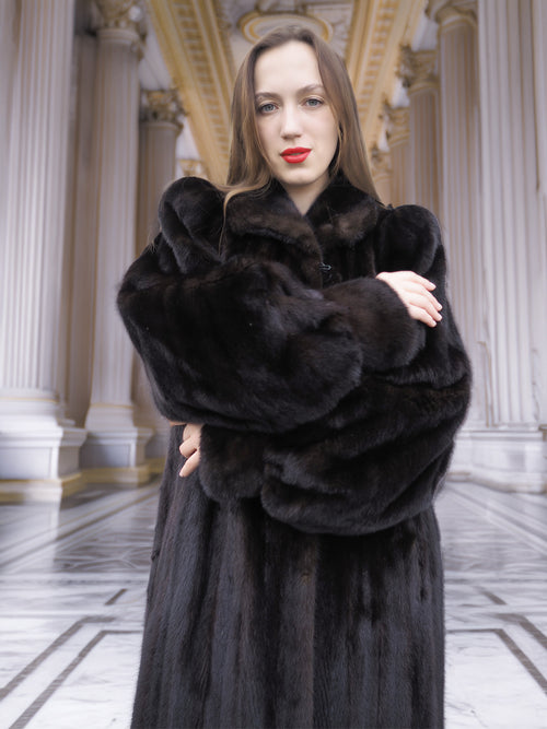 Close-up of black mink coat highlighting plush texture and rich sheen, perfect for showcasing real fur fashion in winter collections.