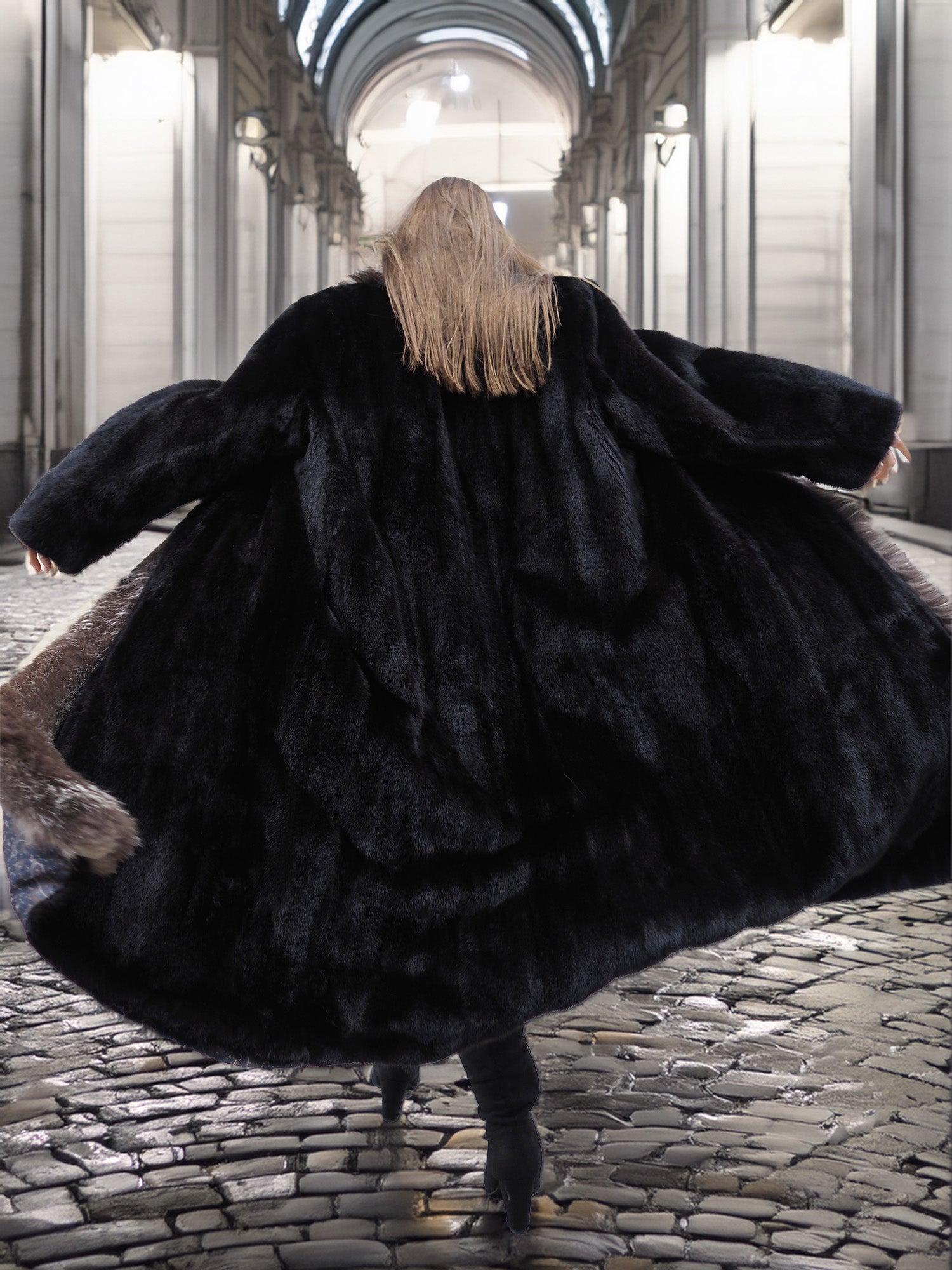 Back view of black mink coat with indigo fox collar, showcasing voluminous silhouette and premium fur quality for cold-weather elegance.