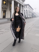 Black mink coat with silver fox collar worn open over a mini dress, ideal for elegant winter layering in L/XL.
