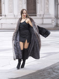 NAFA Female Black Mink Coat With Silver fox Collar L/XL