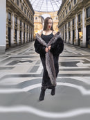 Black mink coat with indigo fox trim styled open over a black dress, perfect for upscale winter outings in L/XL sizing.