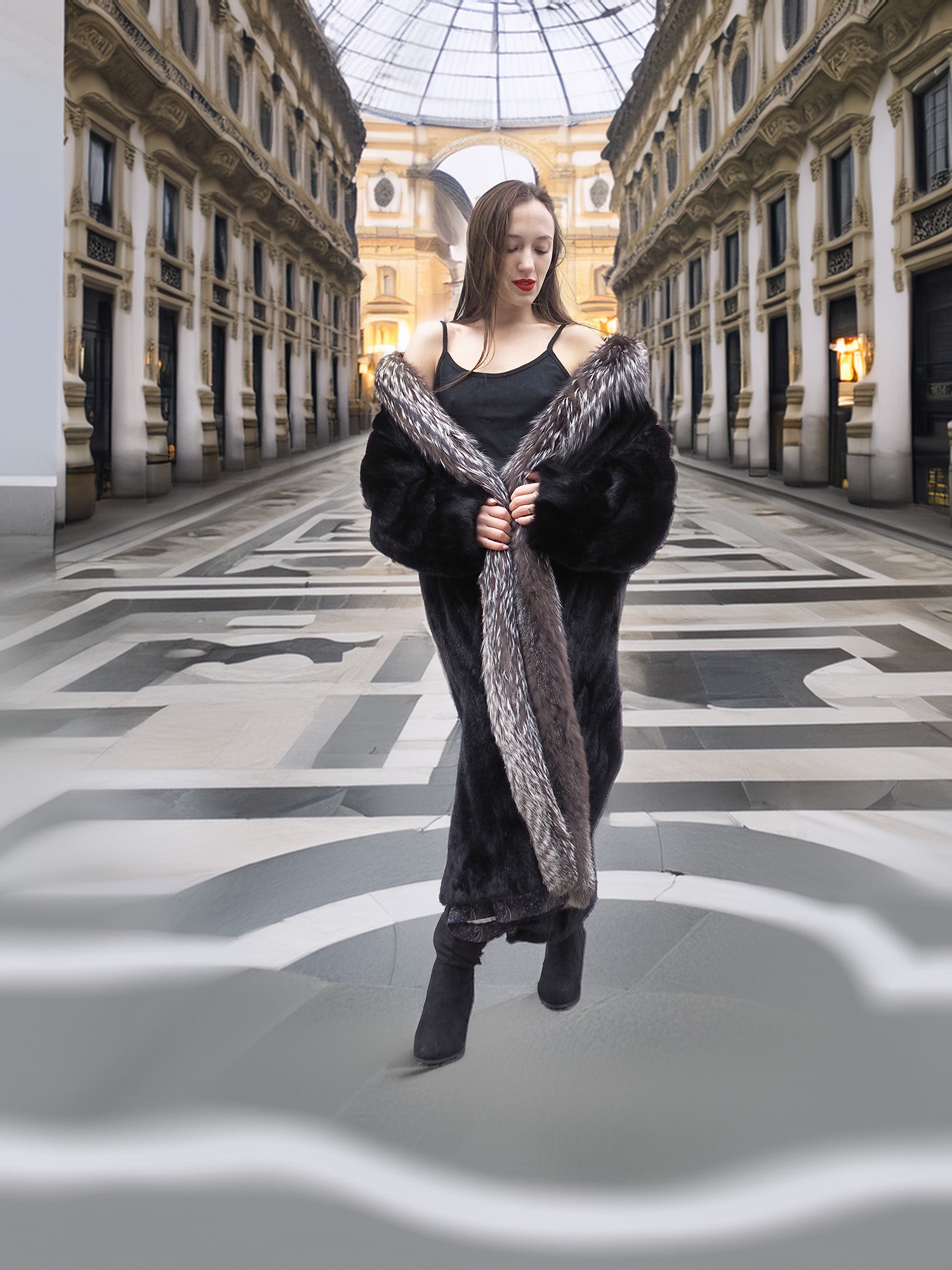 Black mink coat with indigo fox trim styled open over a black dress, perfect for upscale winter outings in L/XL sizing.